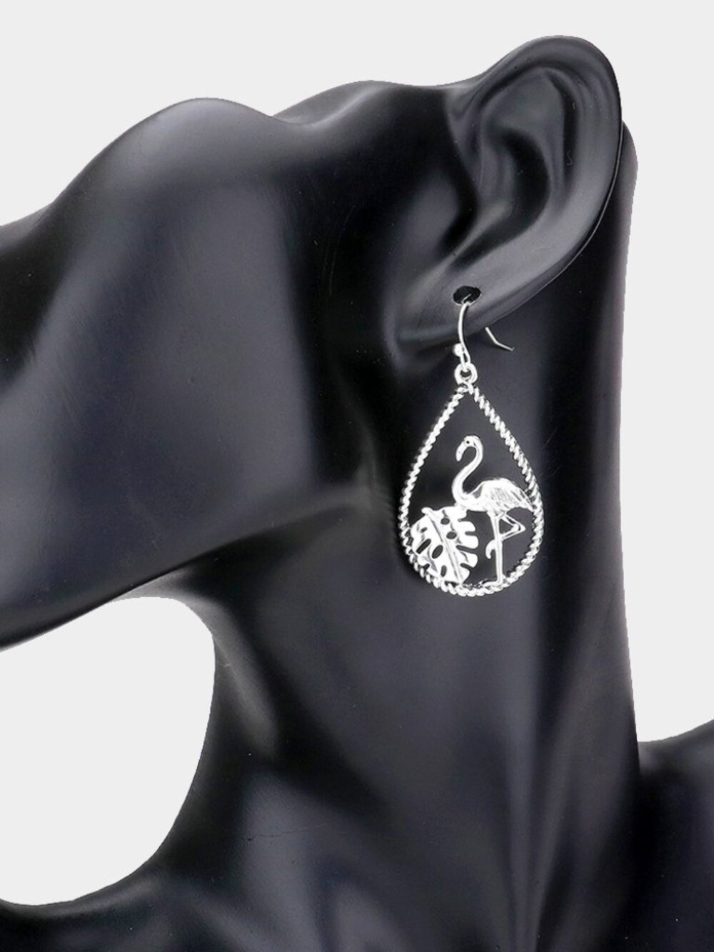 Flamingo Tropical Leaf Accented Open Teardrop Dangle Earrings